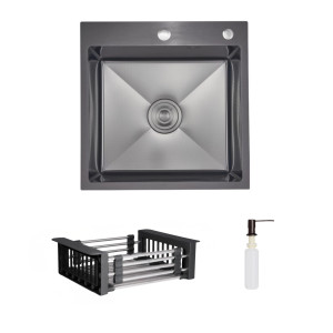 Комплект Lidz Handmade H5050HB Мойка для кухни интегрированная Decor Black PVD Honeycomb в комплекте с дозатором+Lidz LIDZK01B Корзина для мойки