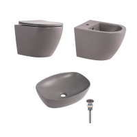 Комплект Qtap Robin Stone grey 3 в 1: унитаз подвесной Ultra Quiet + биде подвесное + раковина накладная QTROBSG49158