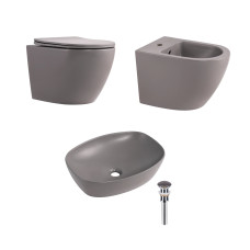 Комплект Qtap Robin Stone grey 3 в 1: унитаз подвесной Ultra Quiet + биде подвесное + раковина накладная QTROBSG49158