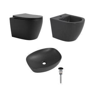 Комплект Qtap Robin Anthracite 3 в 1: унитаз подвесной Ultra Quiet + биде подвесное + раковина накладная QTROBAN49157