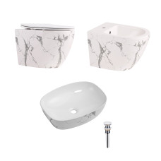 Комплект Qtap Robin Marble 3 в 1: унитаз подвесной Ultra Quiet + биде подвесное + раковина накладная QTROBMR49160