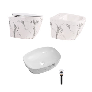 Комплект Qtap Robin Marble 3 в 1: унитаз подвесной Ultra Quiet + биде подвесное + раковина накладная QTROBMR49160