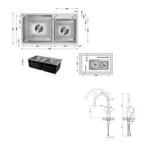 Акционный набор Lidz: мойка с двумя чашами интегрированная Brushed Steel 3,0/1,0 мм + Смеситель Aria для кухни с гибким изливом (k35) Grey