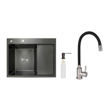 Акционный набор Lidz: мойка H6350BR интегрированная крыло справа Brushed Black PVD 3,0/1,0 мм + Смеситель Aria для кухни с гибким изливом (k35) Black