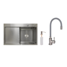 Акционный набор Lidz: мойка H7849L интегрированная крыло слева Brushed Steel 3,0/1,0 мм + Смеситель Aria для кухни с гибким изливом (k35) Grey