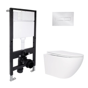 Готовое решение Qtap для ванной комнаты: подвесной унитаз Jay Rimless 520x360x320 + комплект инсталляции Standard (линейная кнопка Chrome)
