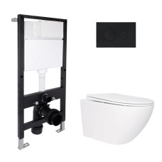 Готовое решение Qtap для ванной комнаты: подвесной унитаз Jay Rimless 520x360x320 + комплект инсталляции Standard (круглая кнопка Black)