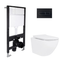 Готовое решение Qtap для ванной комнаты: подвесной унитаз Jay Ultra Quiet 520x360x320 + комплект инсталляции Standard (линейная кнопка Black)