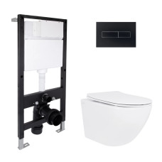 Готовое решение Qtap для ванной комнаты: подвесной унитаз Jay Rimless 485x360x320 + комплект инсталляции Standard (линейная кнопка Black)