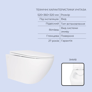 Готовое решение Qtap для ванной комнаты: подвесной унитаз Jay Rimless 520x360x320 + комплект инсталляции Standard (круглая кнопка Chrome)