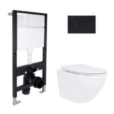 Готовое решение Qtap для ванной комнаты: подвесной унитаз Jay Rimless 485x360x320 + комплект инсталляции Standard (круглая кнопка Black)