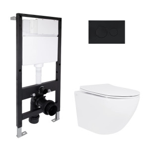 Готовое решение Qtap для ванной комнаты: подвесной унитаз Jay Rimless 485x360x320 + комплект инсталляции Standard (круглая кнопка Black)