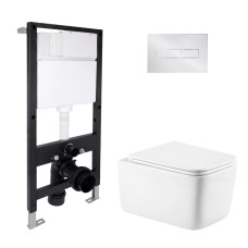 Готовое решение Qtap для ванной комнаты: подвесной унитаз Gemini Ultra Quiet 520x360x350 + комплект инсталляции Standard (линейная кнопка Chrome)
