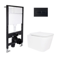 Готовое решение Qtap для ванной комнаты: подвесной унитаз Crow Rimless 485x340x330 + комплект инсталляции Standard (линейная кнопка Black)