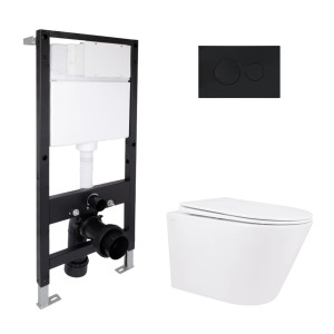 Готовое решение Qtap для ванной комнаты: подвесной унитаз Swan Rimless 520x360x320 + комплект инсталляции Standard (круглая кнопка Black)