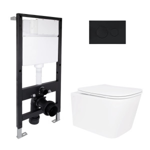 Готовое решение Qtap для ванной комнаты: подвесной унитаз Crow Ultra Quiet 485x340x290 + комплект инсталляции Standard (круглая кнопка Black)