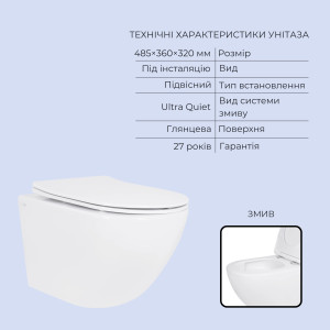Готовое решение Qtap для ванной комнаты: подвесной унитаз Jay Ultra Quiet 485x360x320 + комплект инсталляции Standard (круглая кнопка White)