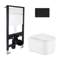 Готовое решение Qtap для ванной комнаты: подвесной унитаз Gemini Ultra Quiet 485x340x350 + комплект инсталляции Standard (круглая кнопка Black)