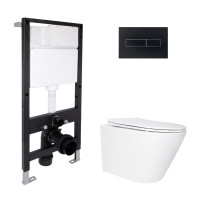 Готовое решение Qtap для ванной комнаты: подвесной унитаз Swan Ultra Quiet 485x360x320 + комплект инсталляции Standard (линейная кнопка Black)