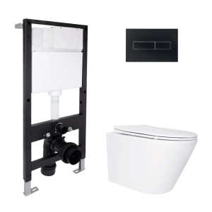 Готовое решение Qtap для ванной комнаты: подвесной унитаз Swan Ultra Quiet 485x360x320 + комплект инсталляции Standard (линейная кнопка Black)