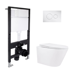 Готовое решение Qtap для ванной комнаты: подвесной унитаз Swan Rimless 520x360x320 + комплект инсталляции Standard (круглая кнопка Chrome)