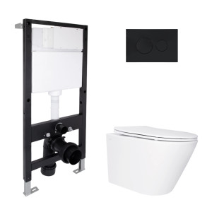 Готовое решение Qtap для ванной комнаты: подвесной унитаз Swan Ultra Quiet 520x360x320 + комплект инсталляции Standard (круглая кнопка Black)