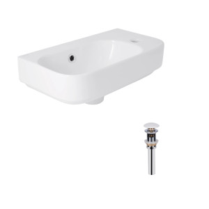 Комплект Qtap Tern: Раковина підвісна прамокутна права 450х250х158 мм White + Донний клапан PU02O