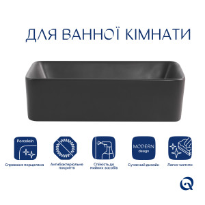 Раковина накладна Qtap Tern 480x370x135 мм, Anthracite, прямокутна, з донним клапаном QT17116069AN