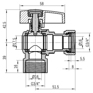 Кран шаровой Thermo Alliance Standart 3/4"ВВ угловой, PN40, с накидной гайкой TAS223W20