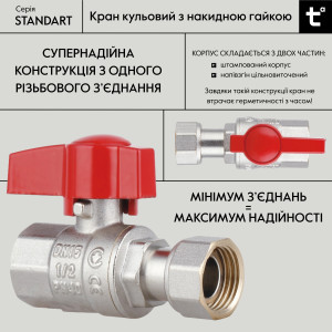 Кран шаровой 1/2"ВВ прямой, PN40, с накидной гайкой Standart TAS260W15 Thermo Alliance