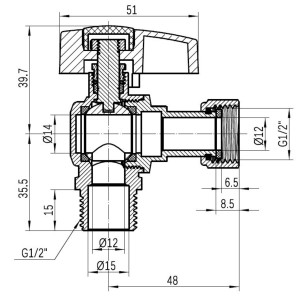 Кран шаровой Thermo Alliance Standart 1/2"ВН угловой, PN40, с накидной гайкой TAS224W15
