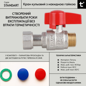 Кран шаровой Thermo Alliance Standart 1/2"ВН прямой, PN40, с накидной гайкой TAS261W15