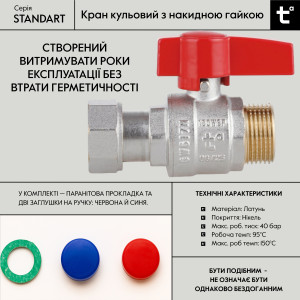Кран шаровой Thermo Alliance Standart 3/4"ВН прямой, PN40, с накидной гайкой TAS261W20