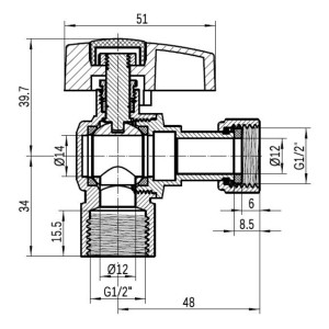 Кран шаровой Thermo Alliance Standart 1/2"ВВ угловой, PN40, с накидной гайкой TAS223W15