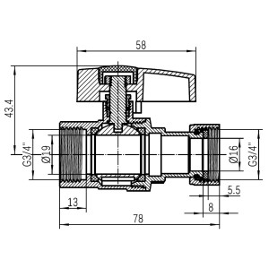Кран шаровой Thermo Alliance Standart 3/4"ВВ прямой, PN40, с накидной гайкой TAS260W20