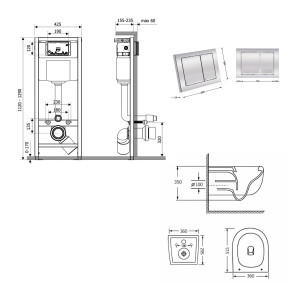 Готовое решение Qtap для ванной комнаты: подвесной унитаз Taurus Ultra Quiet 515×360×350 + комплект инсталляции Nest 4 в 1 (квадратная клавиша Chrome)