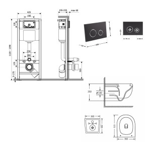 Готовое решение Qtap для ванной комнаты: подвесной унитаз Taurus Ultra Quiet 515×360×350 + комплект инсталляции Nest 4в1 (круглая клавиша Matt Black)