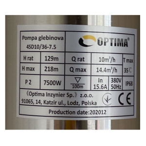 Насос скважинный с повышенной устойч. к песку  OPTIMA  4SD10/36 7,5 кВт 218м 3-х фазный