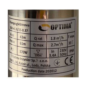 Насос свердловинний з підв. стійк. до піску 3″ OPTIMA  3SDm1,8/15 0,37 кВт 61м + пульт+кабель1,5м