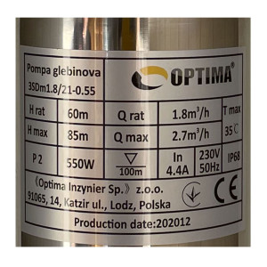 Насос свердловинний з підв. стійк. до піску 3″ OPTIMA 3SDm1,8/21 0,55 кВт 85м +пульт+кабель 45м