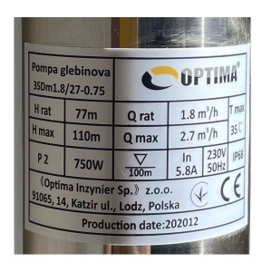 Насос свердловинний з підв. стійк. до піску 3″ OPTIMA 3SDm1,8/27 0,75 кВт 115м +пульт+кабель 1,5м